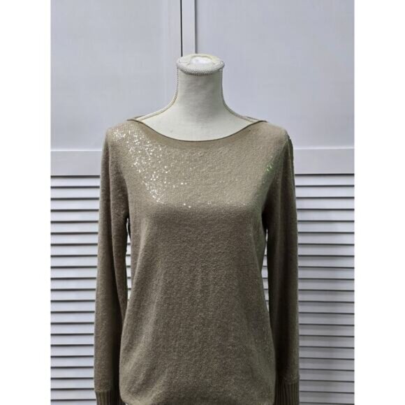 Alice + Olivia Beige Size Small Cashmere Blend Long Sl Sequins Boat Neck Sweater - Picture 6 of 7